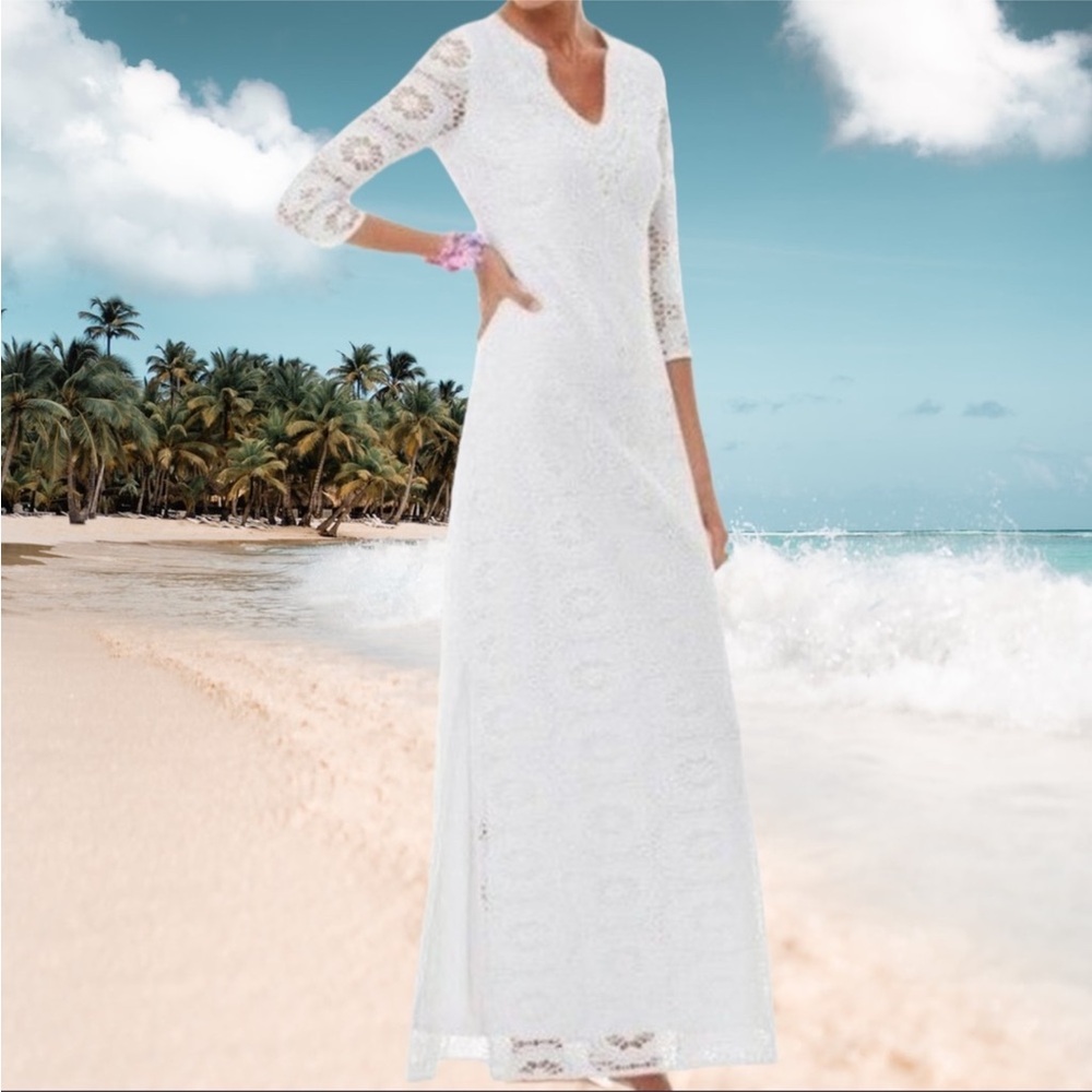 Lilly Pulitzer XS Sharrie Caftan Resort White King Street Lace Maxi  3/4 Sleeve